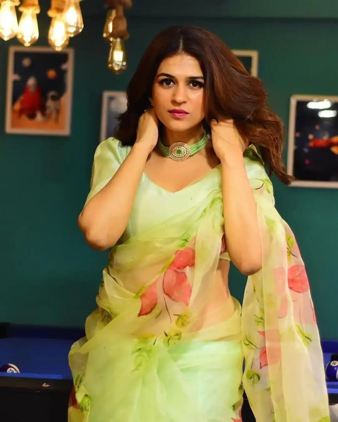 South Indian Shraddha Das in Transparent Green Saree